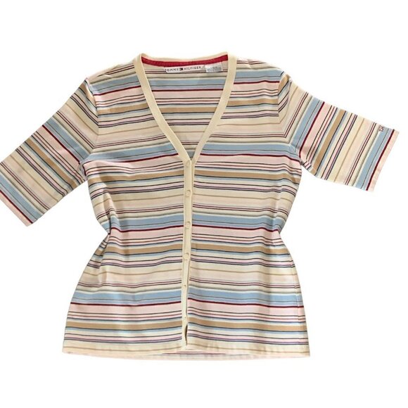 Tommy Hilfiger Striped Knit V-Neck Button Front Top 3/4 Sleeve Sz L #139i - Picture 6 of 8